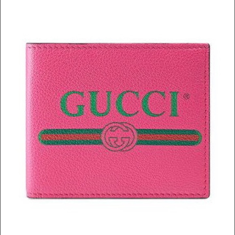 GUCCI Logo Print GG Interlock Web Detail Stripe Pink Leather Bifold Wallet NEW